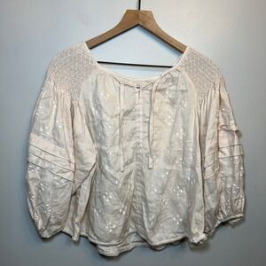 Innika Choo Linen Eyelet Smocked Sleeve Blouse Top Cream Women's One Size